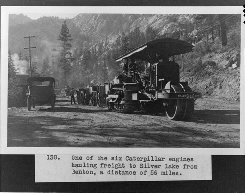 One of six very early model Caterpillar tractors used to haul materials to the Rush Creek plant site from the Benton Railroad Station 56 miles away