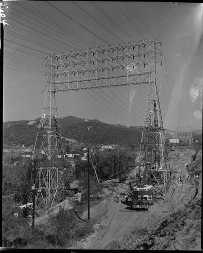 Construction work raising 12 circuit towers out of Eagle Rock Substation