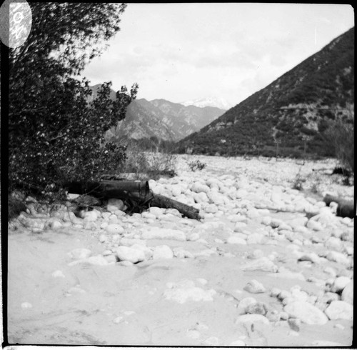 A Santa Ana River Canyon scene showing pipes that were the irrigation system washed out during a storm