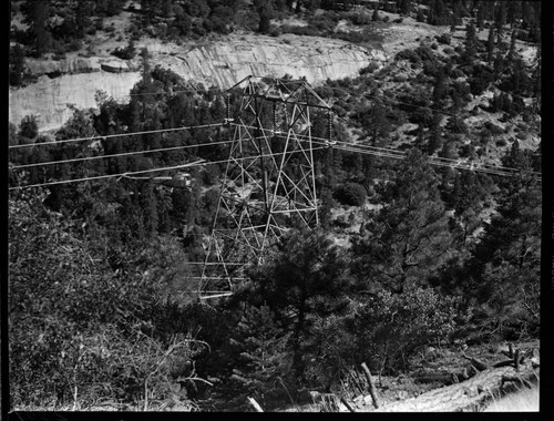 Aerial photo showing helicopter doing aerial patrols of the Big Creek transmission line towers