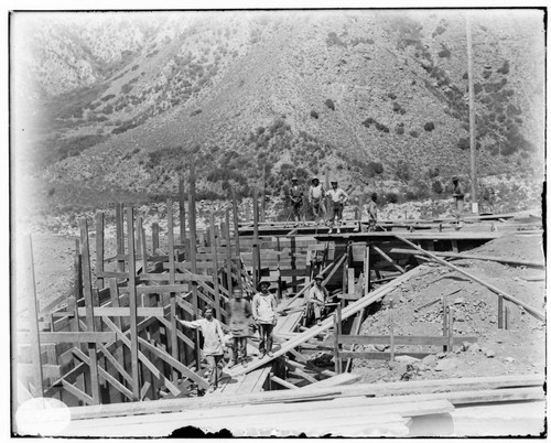 A construction crew at Mill Creek #3 Hydro Plant finishing the form for the tailraces