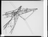 Drawings showing linemen stringing high voltage conductors onto suspension insulators on transmission towers