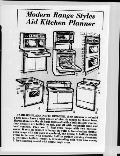 Drawing showing various models of electric ranges and ovens