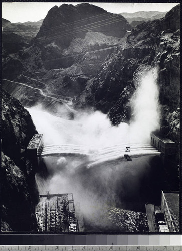 Hoover Dam downstream from dam while dam was spilling water