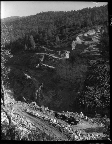 Dam 7 construction work: terraced construction road in canyon at Dam site