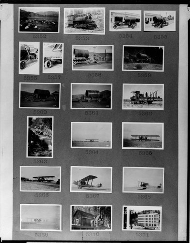 Multiple-image copy film negative with 20 images of Kern River construction, Big Creek facilities, and a Martin type - bomber plane: #02-05352 to #02-05371