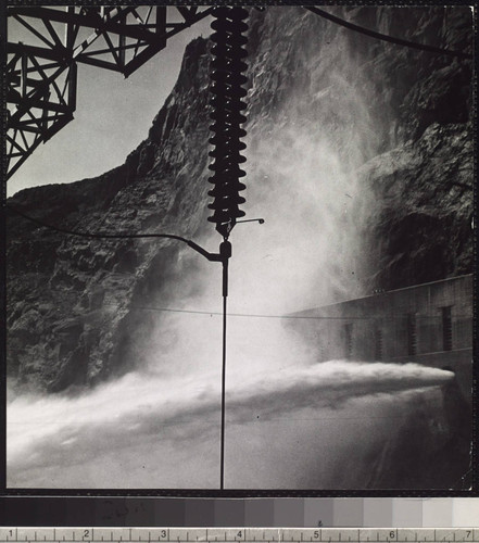 Hoover Dam downstream from dam while dam was spilling water