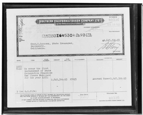 C1.4 - Checks - Copy of check to State Tresurer to cover first installment of State Corp. Franchise Tax for the year 1933