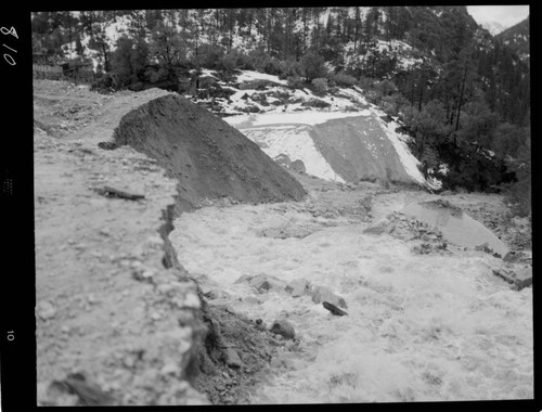 Big Creek - Mammoth Pool - Tunnel muck pile after storm, and Shakeflat breaking cofferdam