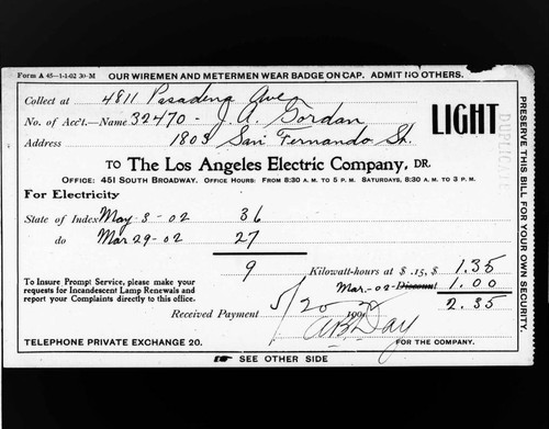 A 1902 bill from the Los Angeles Electric Company shows a charge of $2