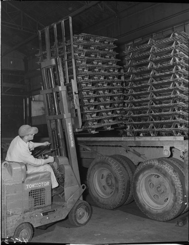 Man lifting stacks of empty metal pallets onto flatbed truck power fork lift