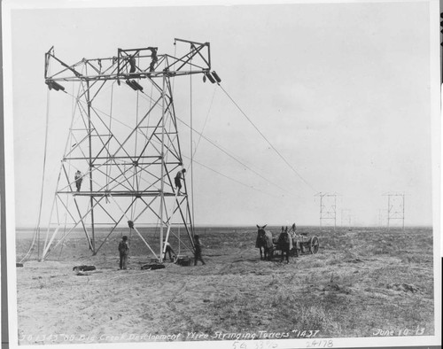 Stringing wires on the 243-mile long Big Creek to Los Angeles 150 kV transmission line, 1913