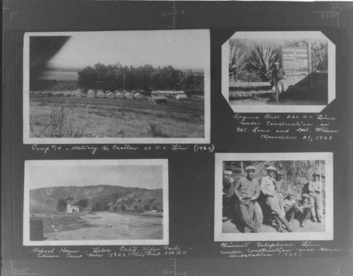 Camp #14 Saticoy to Casitas 60kV line (1924). ; Laguna Bell 220kV line Mt. Lowe and Mt. Wilson (11/21/33). ; School House. Lebec, CA Ridge Route (1922). ; Vincent telephone line near Gould Sub. (1925)