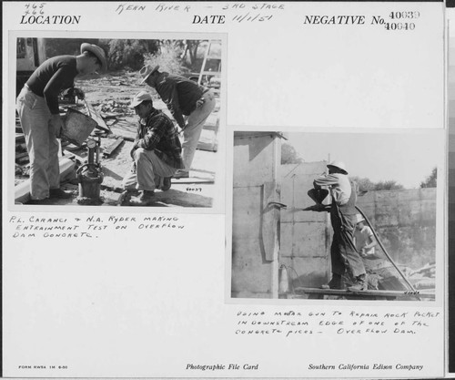 Borel Powerhouse - Kern River 3rd stage - P. L. Caranci & N. A. Ryder making entrainment test on overflow dam concrete