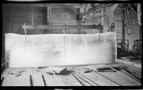 Imperial Ice Plant interior showing large block of ice prior to cutting