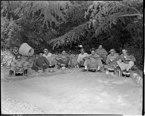 Line crew posing for photo in forest