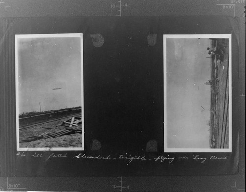 2 photos of the Shenendoah dirigible flying over Long Beach