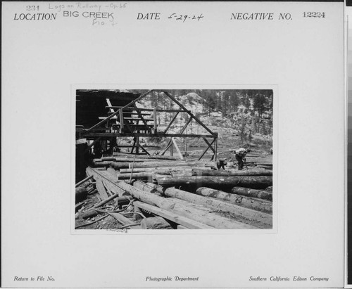 Big Creek, Florence Lake Dam - Logs on rollway at Sawmill