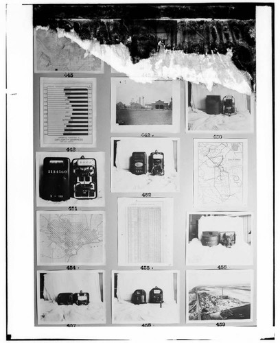 This is a multi-image negative that depicts construction of Long Beach Steam Plant, drawings, charts, meters. Undamaged images included on the plate are copies of original negatives: 02 - 00448; 02