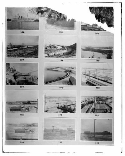 This is a multi-image negative that depicts ships and shipbuilding in San Pedro. Undamaged images included on the plate are copies of original negatives: 02 - 00184; 02