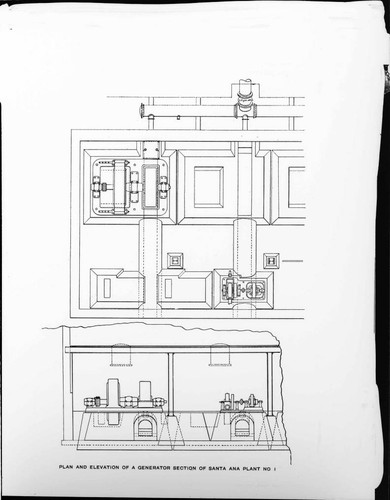 A drawing of the plant and elevation of a generator section of Santa Ana River #1 Hydro Plant