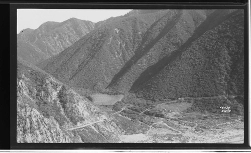 Santa Ana Canyon from trail above showing flume and apple ranch