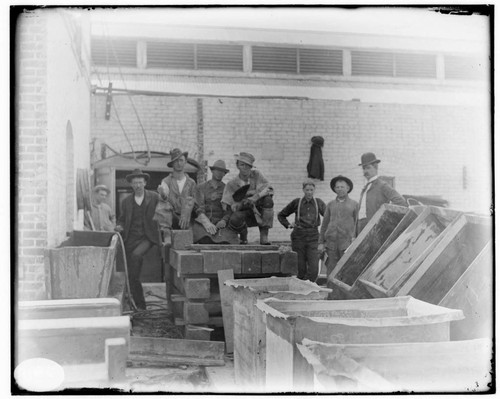 The construction crew posing for the photograph during the construction of either the Fourth Street General Office Building or Los Angeles #2 Steam Plant