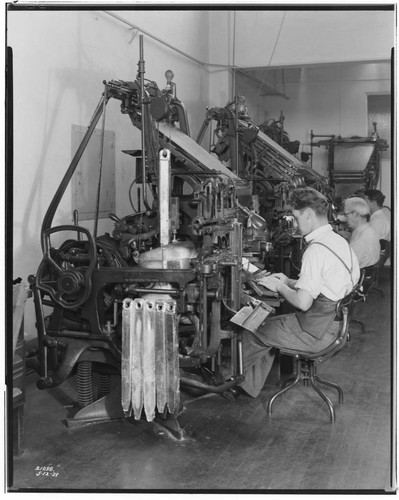 Men typeing on Linotype machines at Santa Monica Outlook