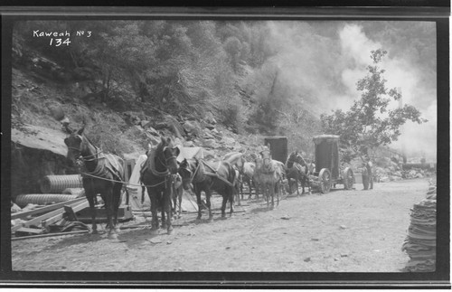 A team of eight horses trucking transformers to a job at Kaweah #3 Hydro Plant