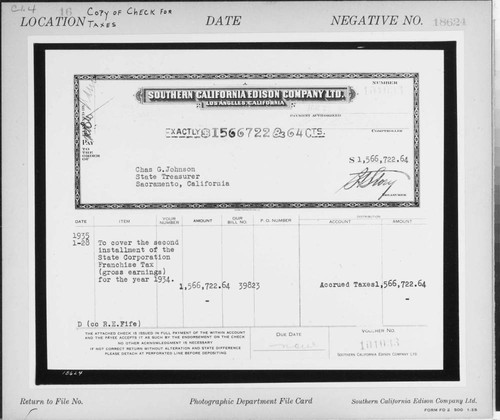 C1.4 - Checks - Copy of check to State Tresurer to cover second installment of State Corp. Franchise Tax for the year 1934