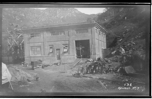 Kaweah #3 Power House under construction showing construction materials in the foreground and the mountains in the background