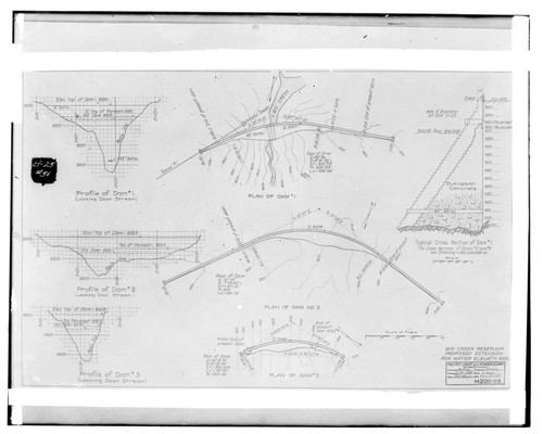 Plans and cross sections for Big Creek Dams 1. 2. & 3 at Huntington Lake