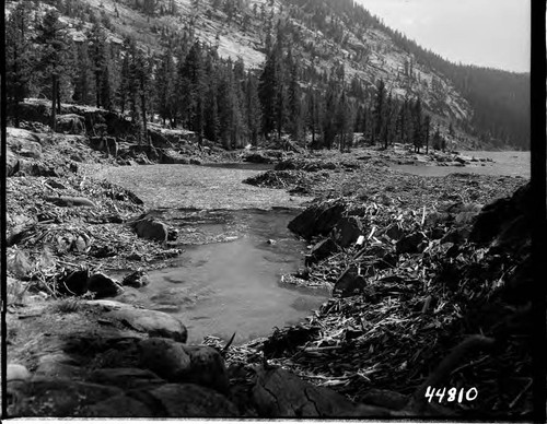 Big Creek, Vermilion Dam - First of four pictures showing debris deposited along shoreline at upper end of lake, due to recent drawdown Mono Creek where it enters lake at present water elevation