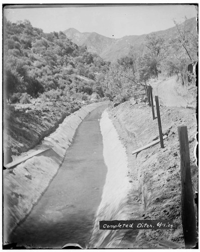 A completed ditch filled with water at Kaweah #2 Hydro Plant