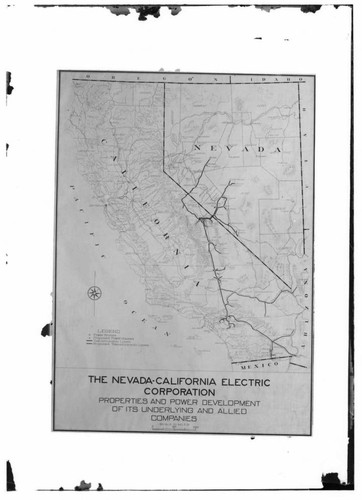 Map of California showing the early transmission line corridors and powerplants belonging to The Nevada-