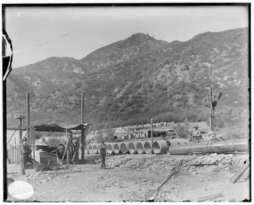 A construction crew standing at Hoist #6 during the construction of Mill Creek #3 Hydro Plant