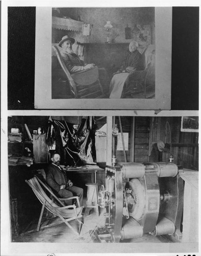 Plant Engineer Gustavus Olivio Newman sits beside one of the original D.C. generators at the Highgrove Hydro Plant, ca. 1887