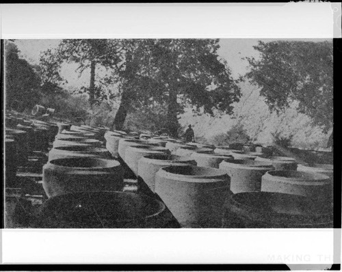 The storage yard for the cement pipe to make the waterway during the construction of Mill Creek #3 Hydro Plant