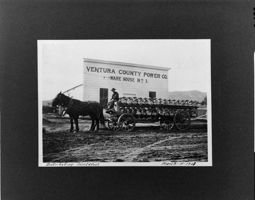 A wagonload of new insulators is being taken from Ventura County Power's warehouse in Ventura to the site of the construction of the 33,000-volt line to Castaic