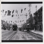 East 14th Street (later International Boulevard) at Fruitvale Avenue decorated for the Eagle Carnival in the Fruitvale district of Oakland, California