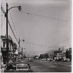 Temescal Avenue looking north from around 47th Street in the Temescal district of Oakland, California. Fiorio Hardware, Al's Furniture, Breschi's dry goods, Central Bank, and many other businesses in view