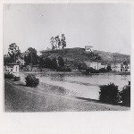 Haddon Hill, largely undeveloped, viewed from across Lake Merritt in Oakland, California. Lake Merritt colonnade in partial view on the left