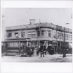 Streetcar passing in front of The Citizen's Bank on East 14th Street (later International Boulevard) at Fruitvale Avenue in Fruitvale, California