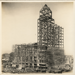 Construction of Elks Club Building in Oakland, California, showing frame of tower