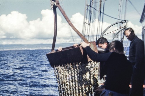 Oceanographers recovering dredge haul on deck of the R/V Spencer F. Baird