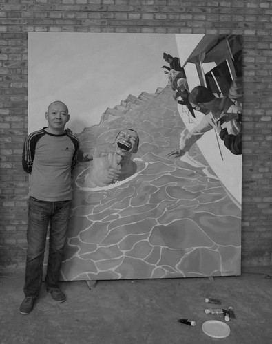 Yue Minjun in studio in Songzhuang art colony