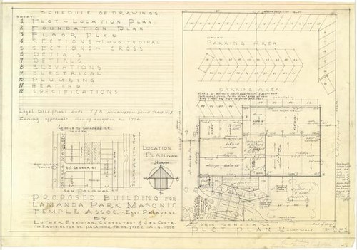 Proposed building for Lamanda Park Masonic Temple Assoc., plot and location plan, sheet no. 1