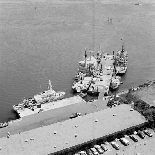 Aerial view of the Chester W. Nimitz Marine Facility and Scripps Institution of Oceanography fleet, Point Loma, San Diego, California