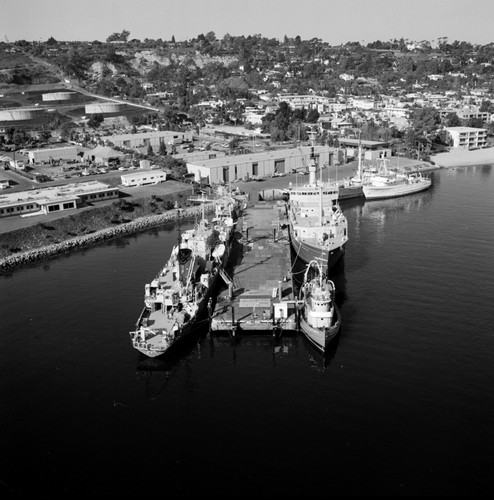 Aerial view of the Chester W. Nimitz Marine Facility and Scripps Institution of Oceanography fleet, Point Loma, San Diego, California