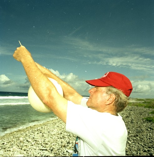 Dave Moss collecting air samples for Charles D. Keeling's lab, on Christmas Island